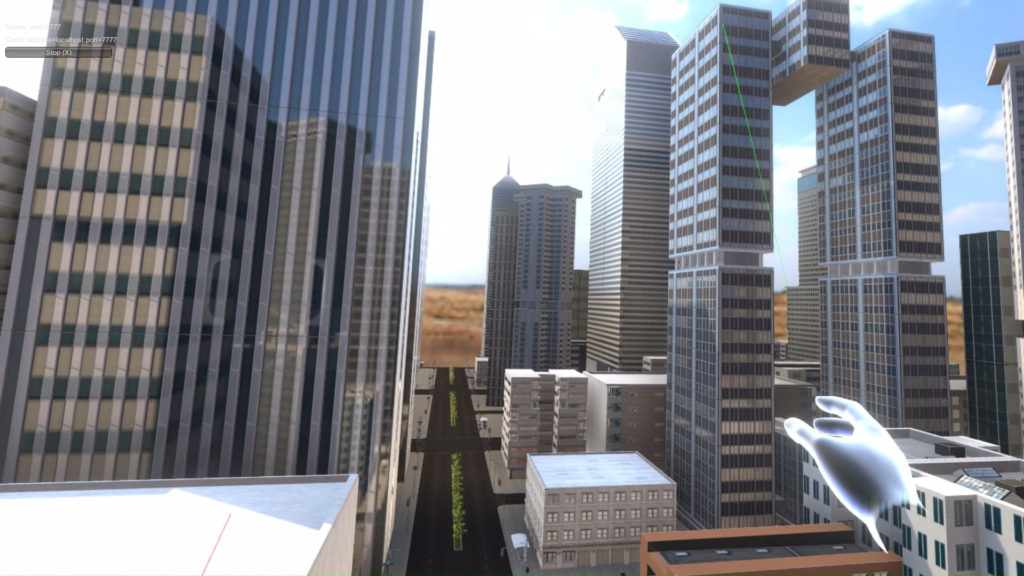 Jogador se movimentando pelo mapa de Swinger-Man, utilizando suas teias para se mover através da cidade explorando-a