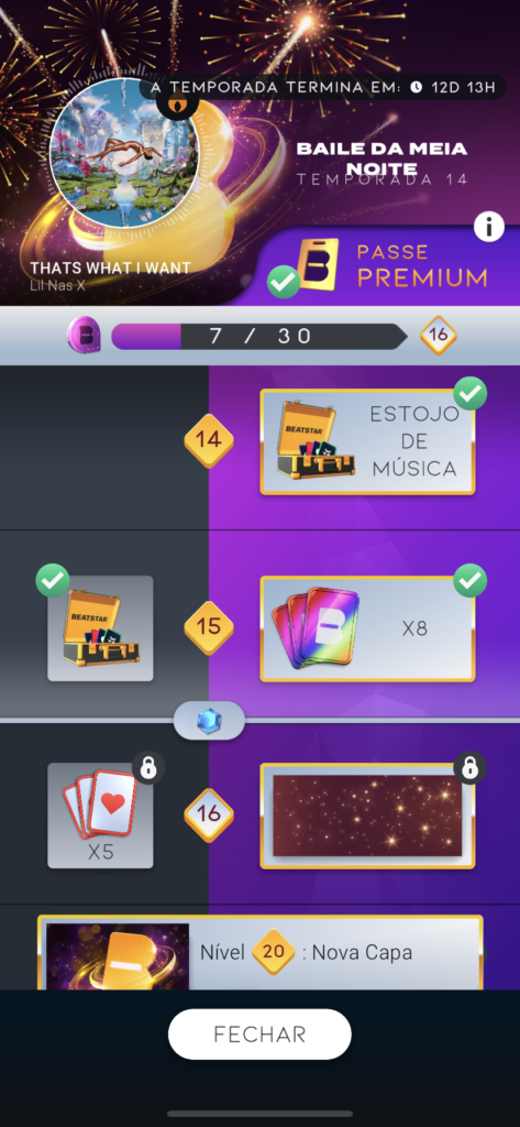 Nível 15 do passe, desbloqueando cartas rainbow  em sua versão premium e um estojo de músicas dourado na versão gratuita.