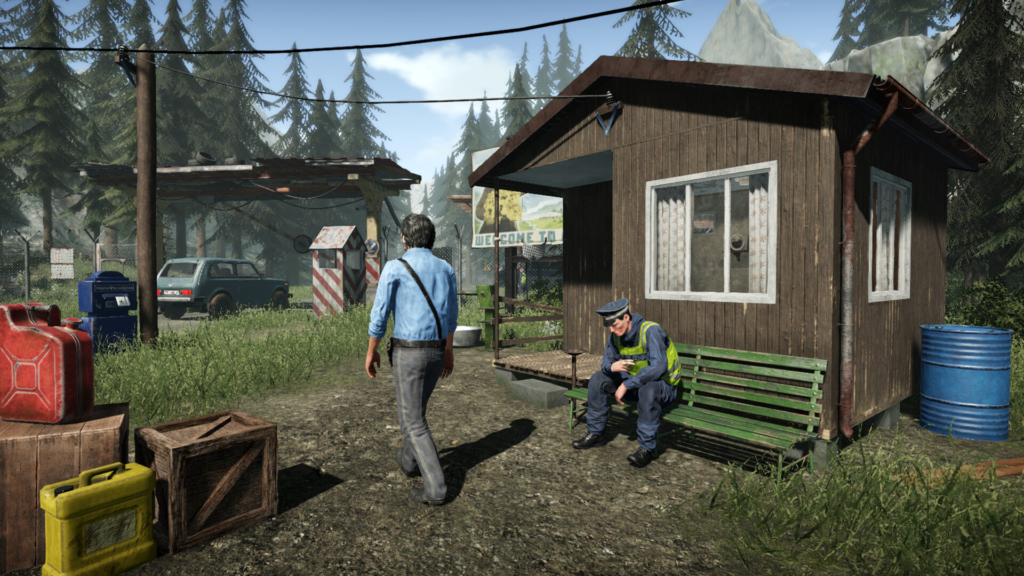 Policial sentado no banco enquanto o jogador anda em direção ao alojamento