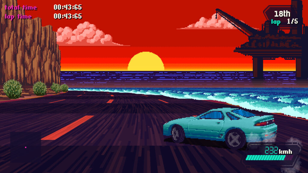 Player efetuando drift em uma das pistas de Slipstream com o pôr do sol de fundo.