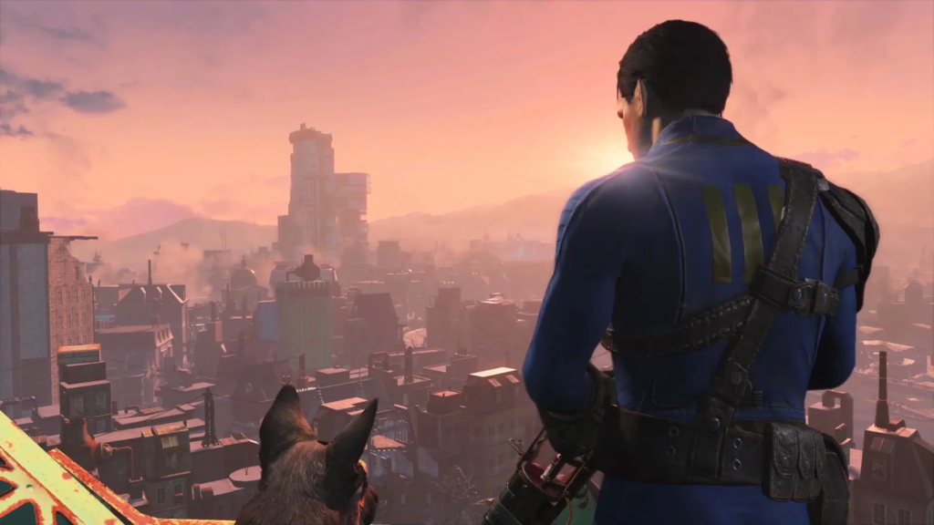 Jogador observando a cidade devastada em fallout 4.