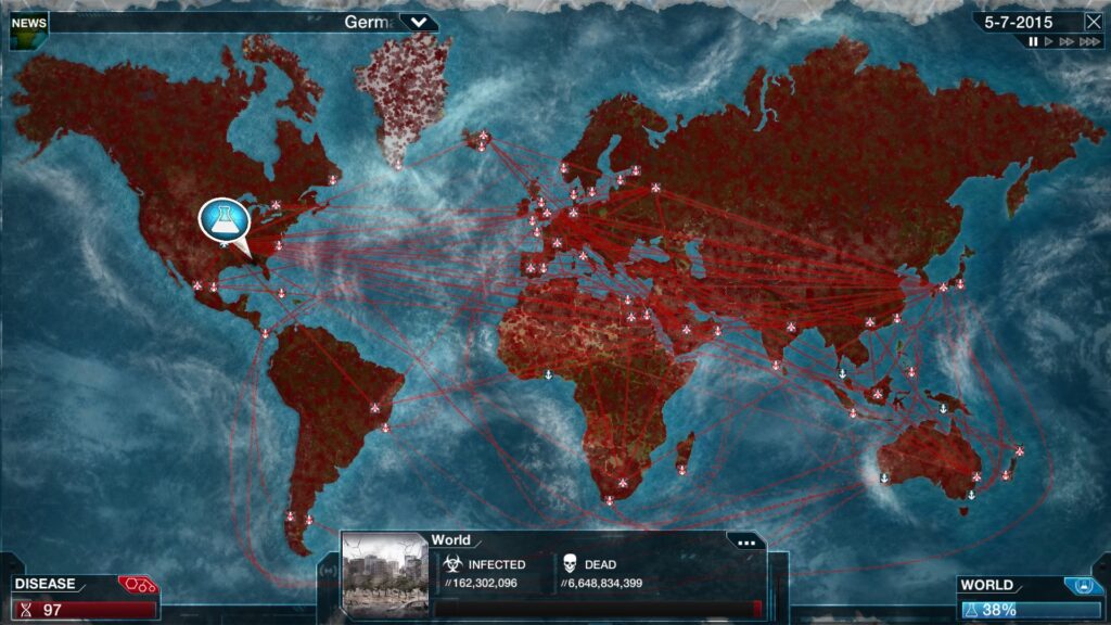 Jogo próximo da vitória em Plague Inc, onde maioria da população já está finalizada