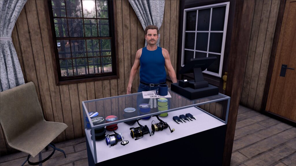 Jogador em uma loja de artigos de pesca no jogo Professional Fishing 2.