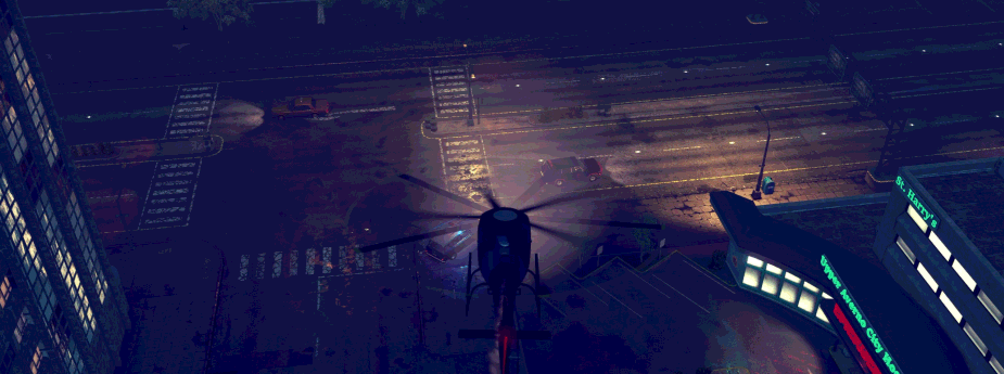 Perseguição policial sendo acompanhada por helicóptero. No jogo The precinct