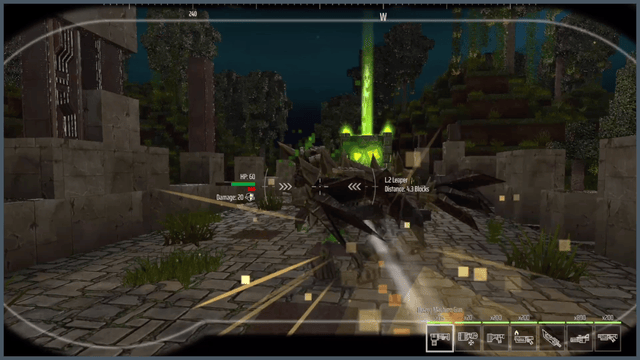 Jogador em Primeira pessoa defendendo uma área no jogo Block Fortress 2.