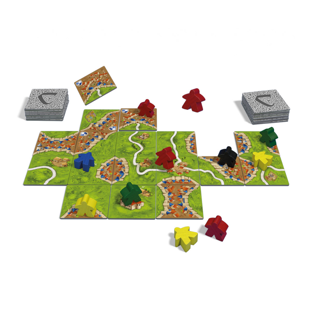 Peças físicas de Carcassonne, meeples espalhados pelo mapa