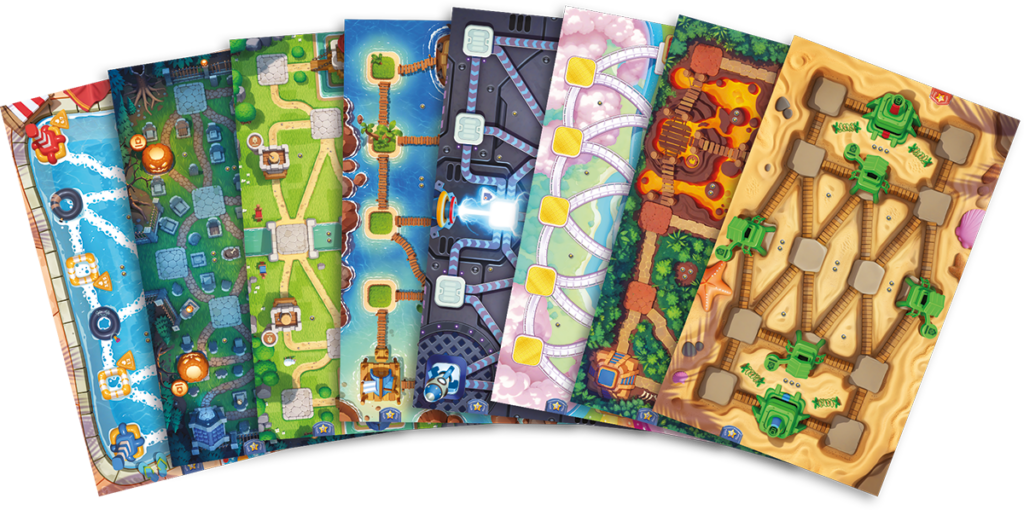 Quatro tabuleiros de dupla face do jogo Toy Battle exibindo diferentes terrenos como Selva Vulcânica e Cidade das Nuvens